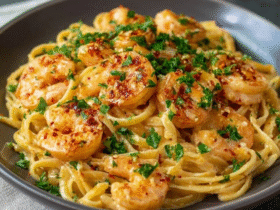 Shrimp linguine with garlic sauce twirled in a white bowl, glossy strands of linguine coated in buttery garlic-wine sauce, large pink shrimp scattered throughout, chopped fresh parsley sprinkled, lemon wedges, parmesan flakes on top