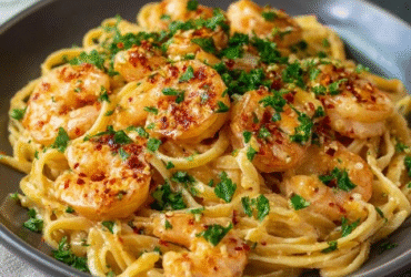 Shrimp linguine with garlic sauce twirled in a white bowl, glossy strands of linguine coated in buttery garlic-wine sauce, large pink shrimp scattered throughout, chopped fresh parsley sprinkled, lemon wedges, parmesan flakes on top