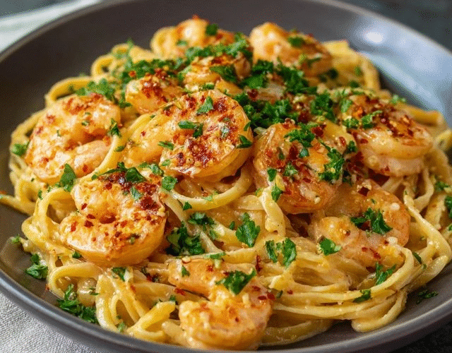 Shrimp linguine with garlic sauce twirled in a white bowl, glossy strands of linguine coated in buttery garlic-wine sauce, large pink shrimp scattered throughout, chopped fresh parsley sprinkled, lemon wedges, parmesan flakes on top