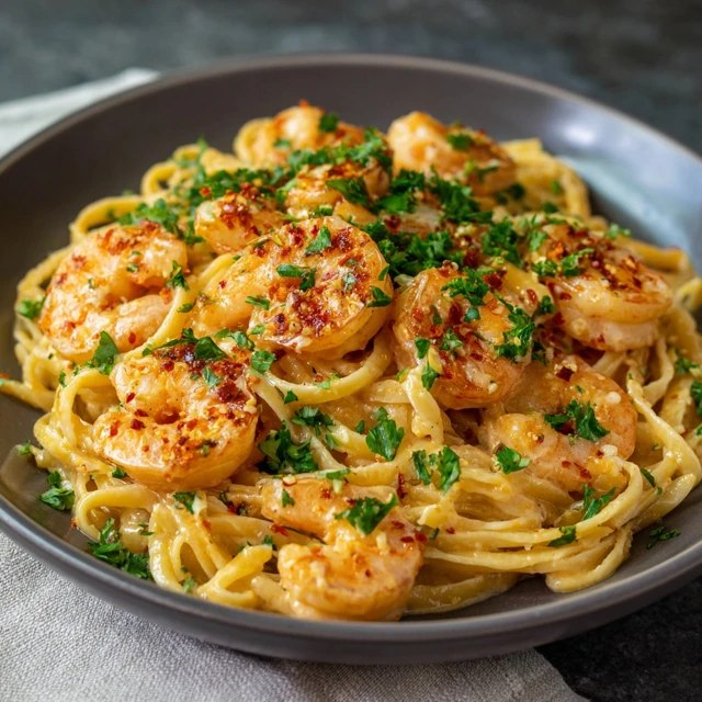 Shrimp linguine with garlic sauce twirled in a white bowl, glossy strands of linguine coated in buttery garlic-wine sauce, large pink shrimp scattered throughout, chopped fresh parsley sprinkled, lemon wedges, parmesan flakes on top