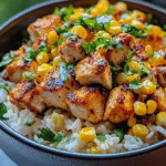 Grilled chicken rice bowl in a wooden bowl, fluffy white jasmine rice base with sliced grilled chicken thighs showing charred grill marks, sliced cucumber rounds, avocado fans, shredded carrots, fresh cilantro, drizzled green herb sauce
