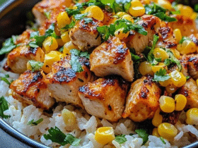 Grilled chicken rice bowl in a wooden bowl, fluffy white jasmine rice base with sliced grilled chicken thighs showing charred grill marks, sliced cucumber rounds, avocado fans, shredded carrots, fresh cilantro, drizzled green herb sauce