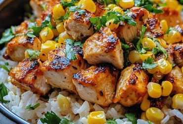 Grilled chicken rice bowl in a wooden bowl, fluffy white jasmine rice base with sliced grilled chicken thighs showing charred grill marks, sliced cucumber rounds, avocado fans, shredded carrots, fresh cilantro, drizzled green herb sauce