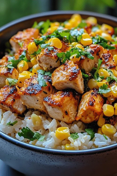 Grilled chicken rice bowl in a wooden bowl, fluffy white jasmine rice base with sliced grilled chicken thighs showing charred grill marks, sliced cucumber rounds, avocado fans, shredded carrots, fresh cilantro, drizzled green herb sauce