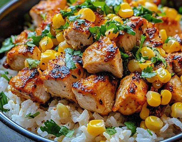 Grilled chicken rice bowl in a wooden bowl, fluffy white jasmine rice base with sliced grilled chicken thighs showing charred grill marks, sliced cucumber rounds, avocado fans, shredded carrots, fresh cilantro, drizzled green herb sauce
