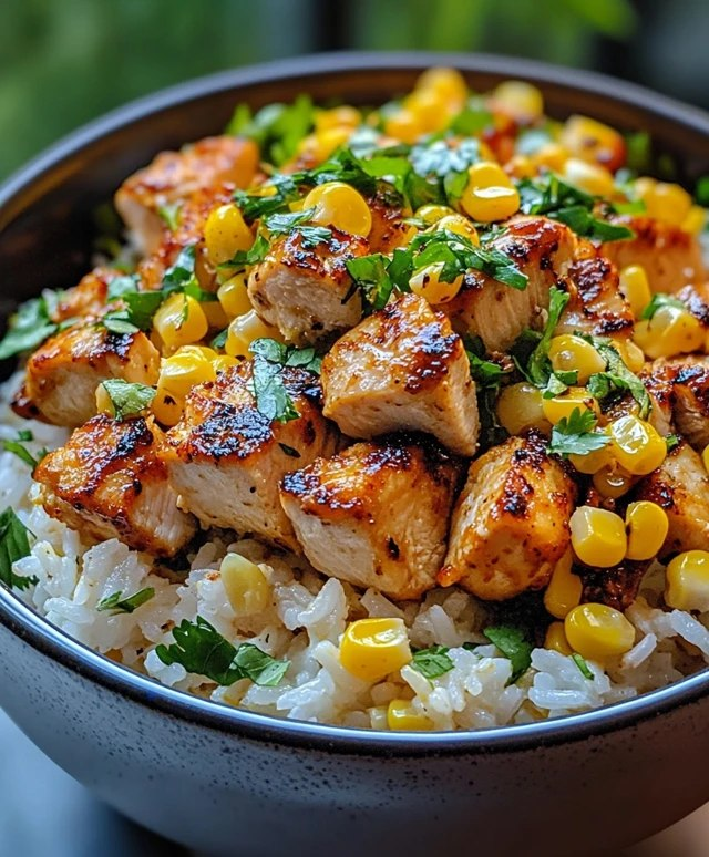Grilled chicken rice bowl in a wooden bowl, fluffy white jasmine rice base with sliced grilled chicken thighs showing charred grill marks, sliced cucumber rounds, avocado fans, shredded carrots, fresh cilantro, drizzled green herb sauce