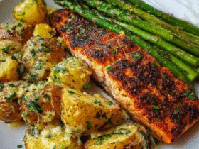 Salmon asparagus garlic potatoes on a sheet pan, pink salmon fillets with lemon slices on top, bright green asparagus spears, golden crispy roasted baby potatoes, garlic cloves scattered, fresh dill sprigs garnish