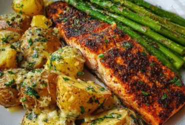 Salmon asparagus garlic potatoes on a sheet pan, pink salmon fillets with lemon slices on top, bright green asparagus spears, golden crispy roasted baby potatoes, garlic cloves scattered, fresh dill sprigs garnish