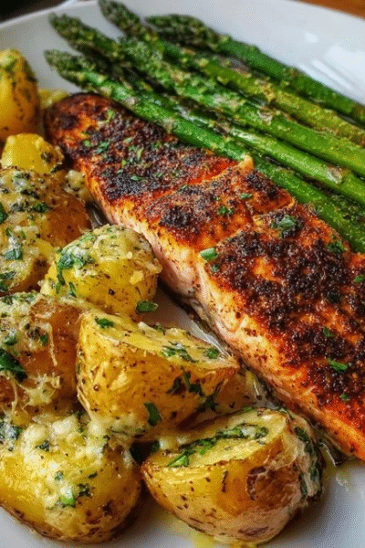 Salmon asparagus garlic potatoes on a sheet pan, pink salmon fillets with lemon slices on top, bright green asparagus spears, golden crispy roasted baby potatoes, garlic cloves scattered, fresh dill sprigs garnish