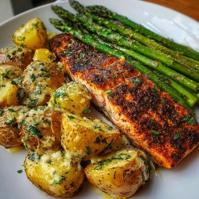 Salmon asparagus garlic potatoes on a sheet pan, pink salmon fillets with lemon slices on top, bright green asparagus spears, golden crispy roasted baby potatoes, garlic cloves scattered, fresh dill sprigs garnish
