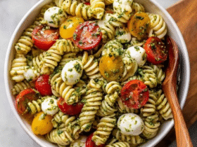 Pesto pasta salad in a large white bowl, twirly rotini pasta coated in vibrant green basil pesto, halved cherry tomatoes, fresh mozzarella balls, black olives, toasted pine nuts, fresh basil leaves on top