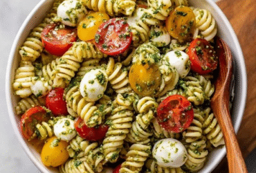 Pesto pasta salad in a large white bowl, twirly rotini pasta coated in vibrant green basil pesto, halved cherry tomatoes, fresh mozzarella balls, black olives, toasted pine nuts, fresh basil leaves on top