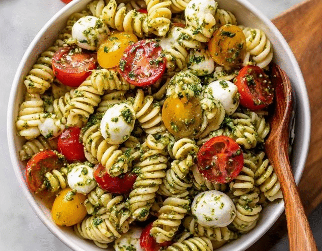 Pesto pasta salad in a large white bowl, twirly rotini pasta coated in vibrant green basil pesto, halved cherry tomatoes, fresh mozzarella balls, black olives, toasted pine nuts, fresh basil leaves on top