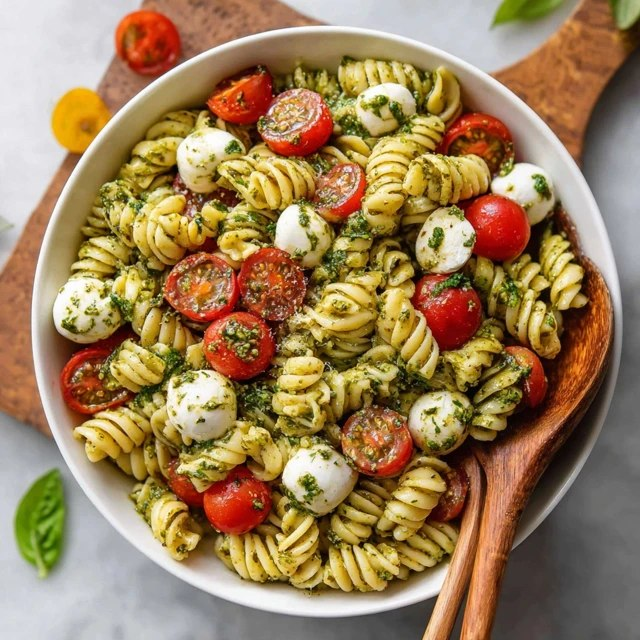 Close-up of pesto pasta salad showing twirly pasta spirals in bright green pesto coating, juicy red tomato halves, white mozzarella pearls, dark glossy olives, golden pine nuts