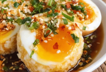 Soy sauce eggs with rice in a black bowl, halved jammy eggs with bright orange runny yolks over fluffy white rice, glossy soy-mirin marinade pooling, scallions and sesame seeds garnish, chili flakes on top