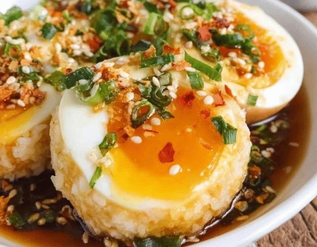 Soy sauce eggs with rice in a black bowl, halved jammy eggs with bright orange runny yolks over fluffy white rice, glossy soy-mirin marinade pooling, scallions and sesame seeds garnish, chili flakes on top
