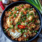 Fried rice with egg and vegetables in a black wok, fluffy golden grains separated and glistening, bright orange diced carrots, vivid green peas, scrambled egg pieces, sliced green scallions, soy sauce drizzle visible