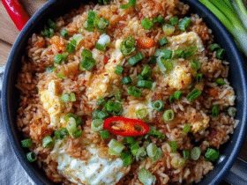 Fried rice with egg and vegetables in a black wok, fluffy golden grains separated and glistening, bright orange diced carrots, vivid green peas, scrambled egg pieces, sliced green scallions, soy sauce drizzle visible