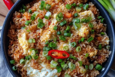 Fried rice with egg and vegetables in a black wok, fluffy golden grains separated and glistening, bright orange diced carrots, vivid green peas, scrambled egg pieces, sliced green scallions, soy sauce drizzle visible