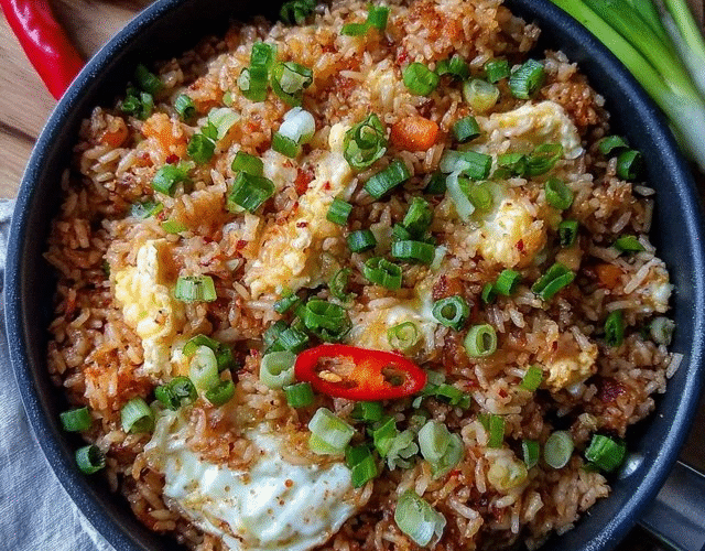 Fried rice with egg and vegetables in a black wok, fluffy golden grains separated and glistening, bright orange diced carrots, vivid green peas, scrambled egg pieces, sliced green scallions, soy sauce drizzle visible