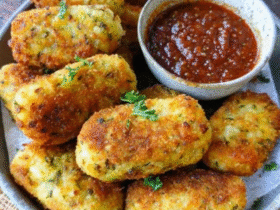 Vegetable croquettes on a serving plate, golden crispy panko-crusted patties, soft interior visible through cracks revealing colorful vegetable bits, small bowl of creamy white yogurt dipping sauce, fresh parsley garnish