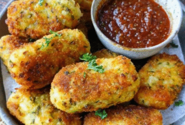 Vegetable croquettes on a serving plate, golden crispy panko-crusted patties, soft interior visible through cracks revealing colorful vegetable bits, small bowl of creamy white yogurt dipping sauce, fresh parsley garnish