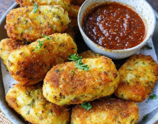 Vegetable croquettes on a serving plate, golden crispy panko-crusted patties, soft interior visible through cracks revealing colorful vegetable bits, small bowl of creamy white yogurt dipping sauce, fresh parsley garnish