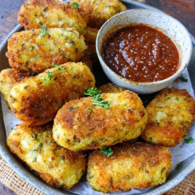 Vegetable croquettes on a serving plate, golden crispy panko-crusted patties, soft interior visible through cracks revealing colorful vegetable bits, small bowl of creamy white yogurt dipping sauce, fresh parsley garnish
