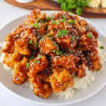 General Tso's chicken in a white bowl, golden crispy battered chicken pieces coated in glossy mahogany sweet-spicy glaze, dried red chiles scattered, sesame seeds and sliced green scallions on top, broccoli florets around