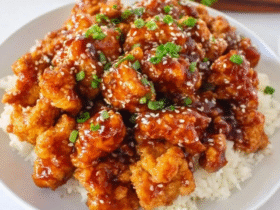 General Tso's chicken in a white bowl, golden crispy battered chicken pieces coated in glossy mahogany sweet-spicy glaze, dried red chiles scattered, sesame seeds and sliced green scallions on top, broccoli florets around