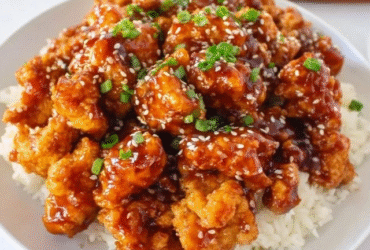 General Tso's chicken in a white bowl, golden crispy battered chicken pieces coated in glossy mahogany sweet-spicy glaze, dried red chiles scattered, sesame seeds and sliced green scallions on top, broccoli florets around
