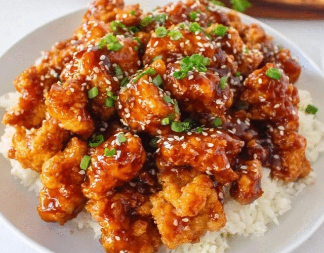 General Tso's chicken in a white bowl, golden crispy battered chicken pieces coated in glossy mahogany sweet-spicy glaze, dried red chiles scattered, sesame seeds and sliced green scallions on top, broccoli florets around