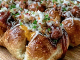 Cheesy hot dog pull apart bread on a wooden board, golden-brown round bread with melted mozzarella strands stretching between buns, sliced hot dogs visible in each bun, garlic butter glaze, parsley flecks, ketchup and mustard on the side