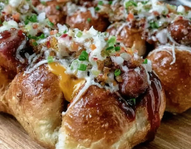 Cheesy hot dog pull apart bread on a wooden board, golden-brown round bread with melted mozzarella strands stretching between buns, sliced hot dogs visible in each bun, garlic butter glaze, parsley flecks, ketchup and mustard on the side