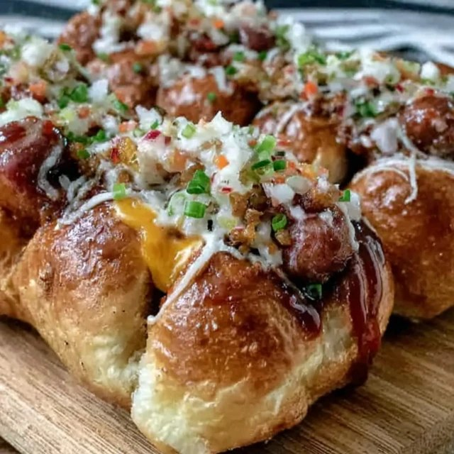 Cheesy hot dog pull apart bread on a wooden board, golden-brown round bread with melted mozzarella strands stretching between buns, sliced hot dogs visible in each bun, garlic butter glaze, parsley flecks, ketchup and mustard on the side