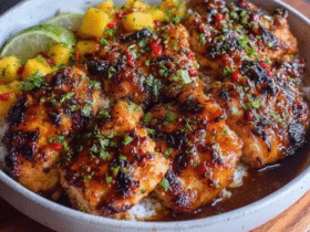 Mango glazed chicken thighs on a sheet pan, bone-in thighs with crispy golden brown skin glazed with glossy mango-orange sauce, fresh mango chunks caramelized alongside, lime wedges, cilantro garnish