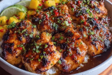Mango glazed chicken thighs on a sheet pan, bone-in thighs with crispy golden brown skin glazed with glossy mango-orange sauce, fresh mango chunks caramelized alongside, lime wedges, cilantro garnish