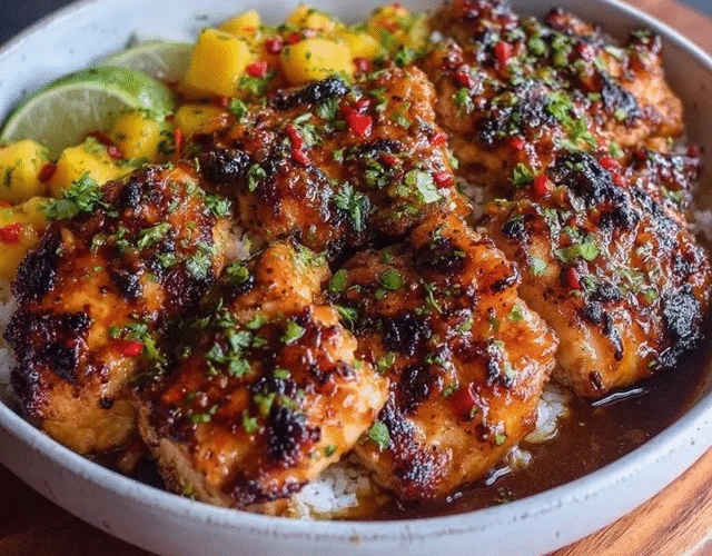 Mango glazed chicken thighs on a sheet pan, bone-in thighs with crispy golden brown skin glazed with glossy mango-orange sauce, fresh mango chunks caramelized alongside, lime wedges, cilantro garnish