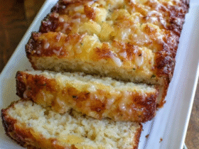 Lemon pineapple loaf cake on a cake stand, golden-yellow loaf cut to show tender moist crumb with pineapple flecks, glossy white-yellow lemon glaze cascading down the sides, fresh lemon zest and pineapple chunks on top
