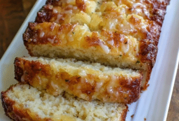Lemon pineapple loaf cake on a cake stand, golden-yellow loaf cut to show tender moist crumb with pineapple flecks, glossy white-yellow lemon glaze cascading down the sides, fresh lemon zest and pineapple chunks on top