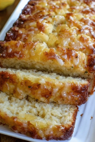 Lemon pineapple loaf cake on a cake stand, golden-yellow loaf cut to show tender moist crumb with pineapple flecks, glossy white-yellow lemon glaze cascading down the sides, fresh lemon zest and pineapple chunks on top