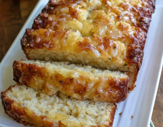 Lemon pineapple loaf cake on a cake stand, golden-yellow loaf cut to show tender moist crumb with pineapple flecks, glossy white-yellow lemon glaze cascading down the sides, fresh lemon zest and pineapple chunks on top