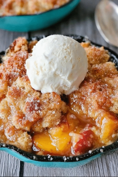 Peach cobbler in a baking dish with golden biscuit topping caramelized brown, juicy bubbling peach filling visible through cracks, large scoop of vanilla ice cream melting on top, cinnamon dust, fresh peach slices garnish