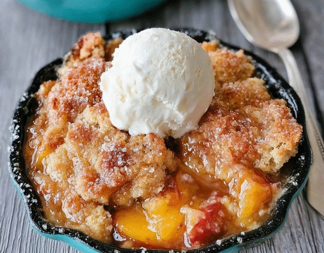 Peach cobbler in a baking dish with golden biscuit topping caramelized brown, juicy bubbling peach filling visible through cracks, large scoop of vanilla ice cream melting on top, cinnamon dust, fresh peach slices garnish