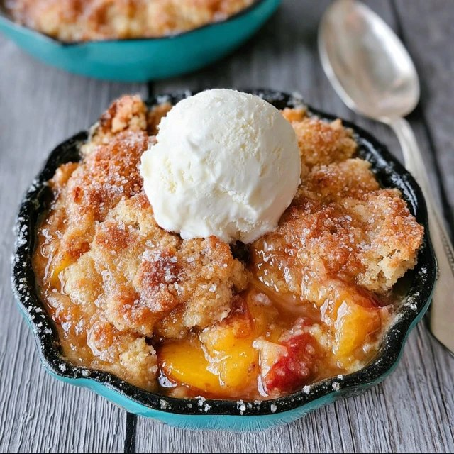 Peach cobbler in a baking dish with golden biscuit topping caramelized brown, juicy bubbling peach filling visible through cracks, large scoop of vanilla ice cream melting on top, cinnamon dust, fresh peach slices garnish