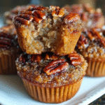 Pecan pie muffins on a wire rack, golden-brown crackly tops with whole pecan halves embedded, slightly domed shape, sticky caramelized edges, dusting of powdered sugar, fresh pecan halves scattered