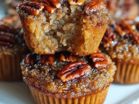 Pecan pie muffins on a wire rack, golden-brown crackly tops with whole pecan halves embedded, slightly domed shape, sticky caramelized edges, dusting of powdered sugar, fresh pecan halves scattered