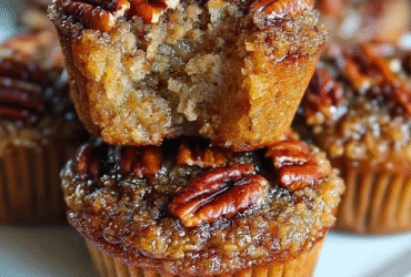 Pecan pie muffins on a wire rack, golden-brown crackly tops with whole pecan halves embedded, slightly domed shape, sticky caramelized edges, dusting of powdered sugar, fresh pecan halves scattered