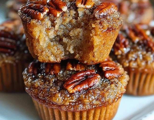 Pecan pie muffins on a wire rack, golden-brown crackly tops with whole pecan halves embedded, slightly domed shape, sticky caramelized edges, dusting of powdered sugar, fresh pecan halves scattered