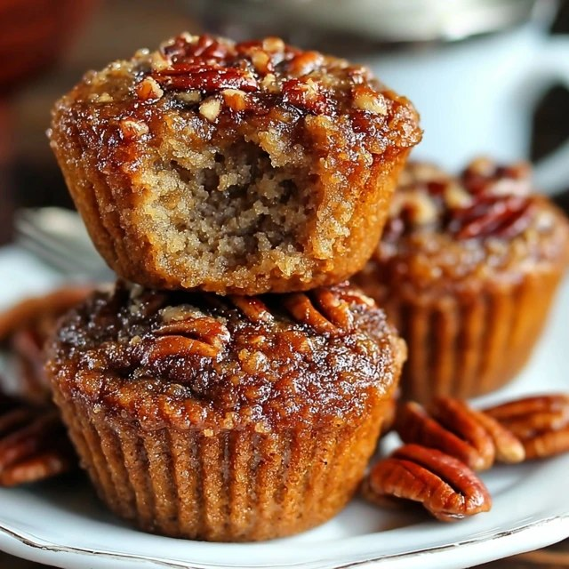 Close-up of pecan pie muffin cross-section showing fudgy chewy interior with brown sugar streaks, embedded chopped pecan pieces, crackly sugar-crusted top, golden brown rim